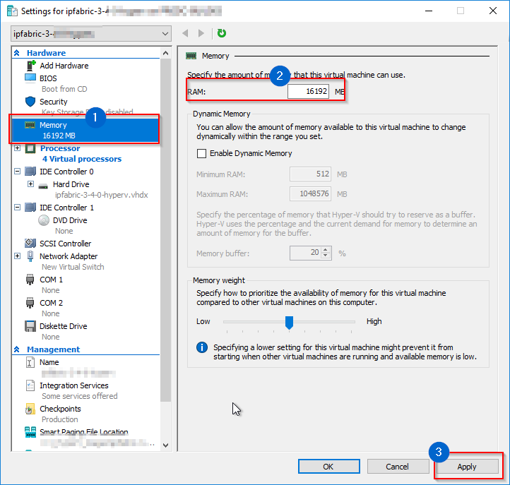 HyperV Setting memory size